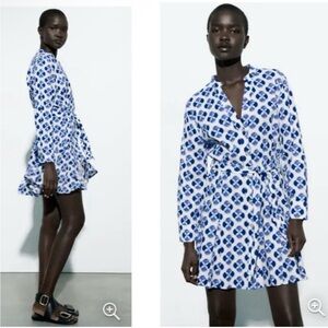 ZARA Womens Linen Blend Printed Mini Dress Small S Blue Tie Waist Coastal